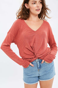 RIBBED TEXTURE KNITTED FRONT KNOT V-NECK TOP