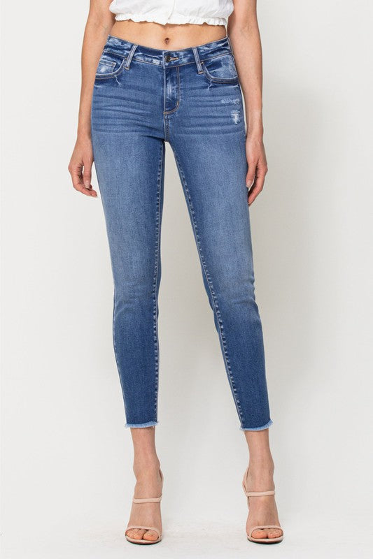 Mid Rise Frayed Hem Crop Skinny Jean