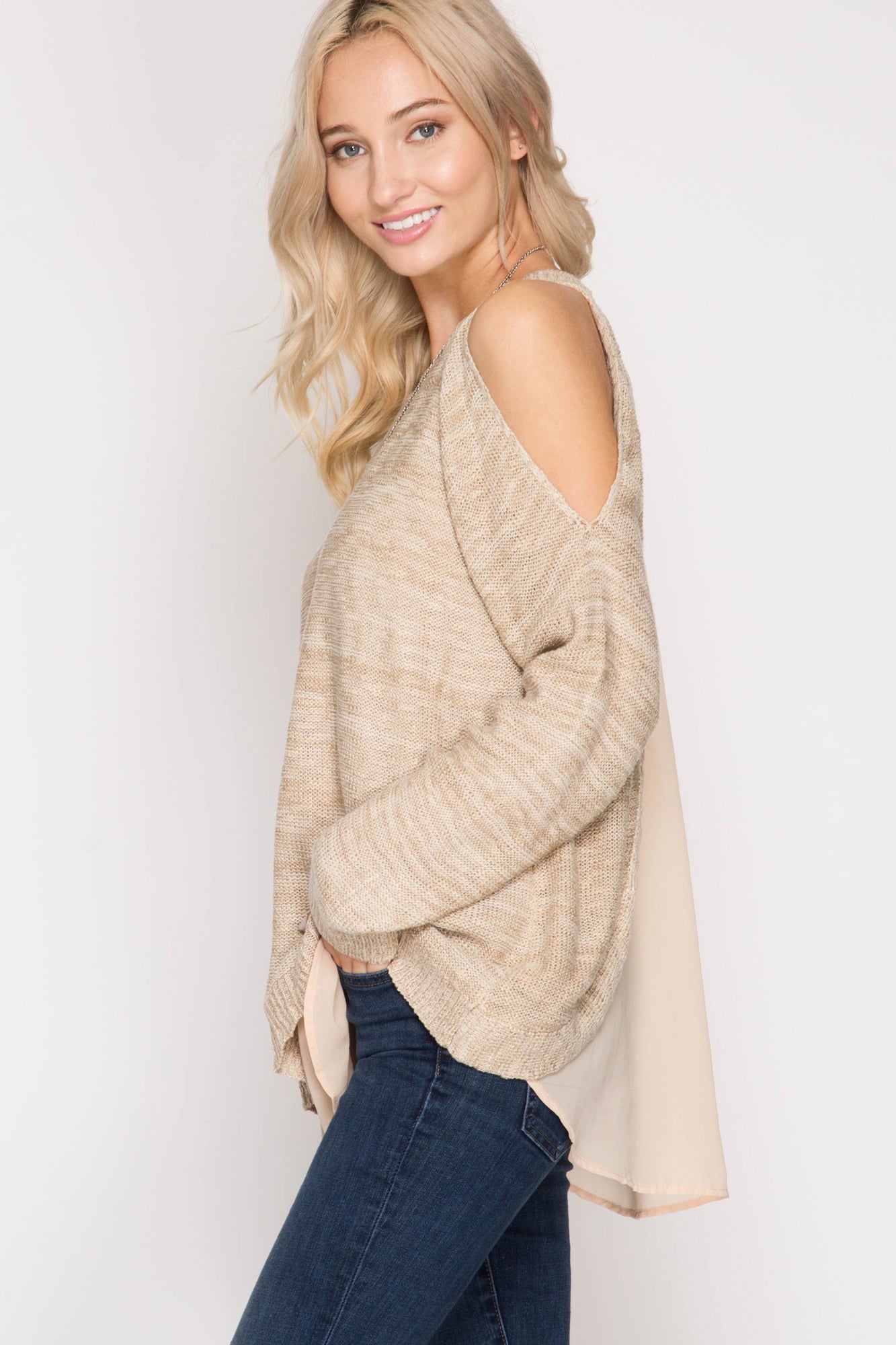Layered Cold Shoulder Sweater with Chiffon Contrast
