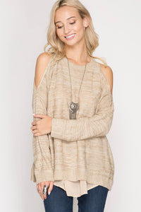 Layered Cold Shoulder Sweater with Chiffon Contrast