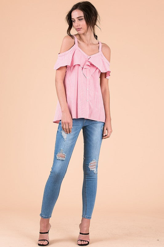 Pink Ruffle Cold Shoulder Top