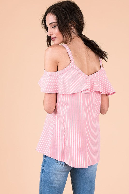 Pink Ruffle Cold Shoulder Top