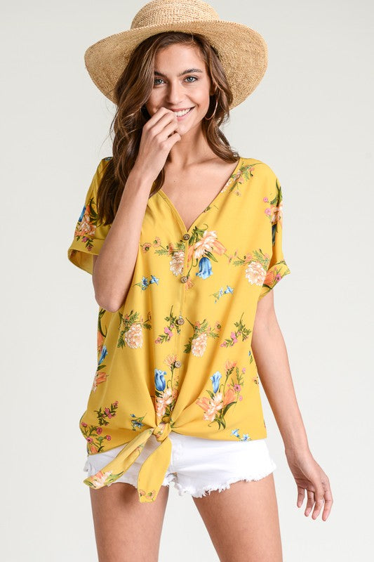 Mustard Floral Tie Front Top