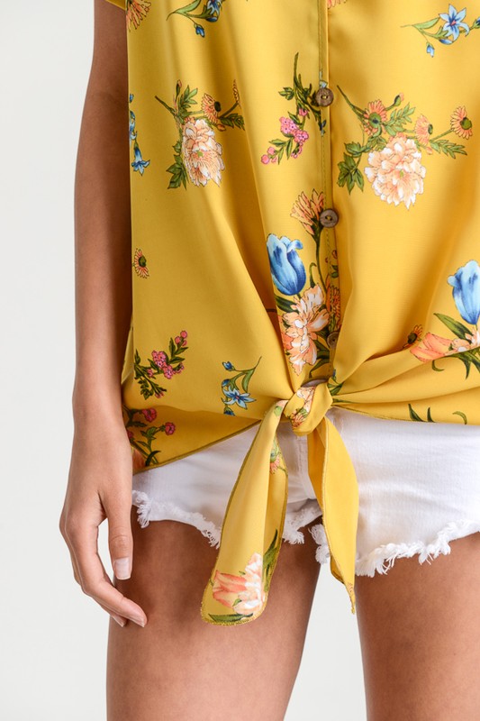 Mustard Floral Tie Front Top