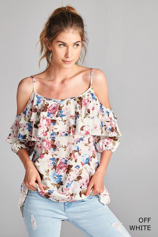 Floral Print Top with Tiered Ruffle Cold Shoulder Sleeves