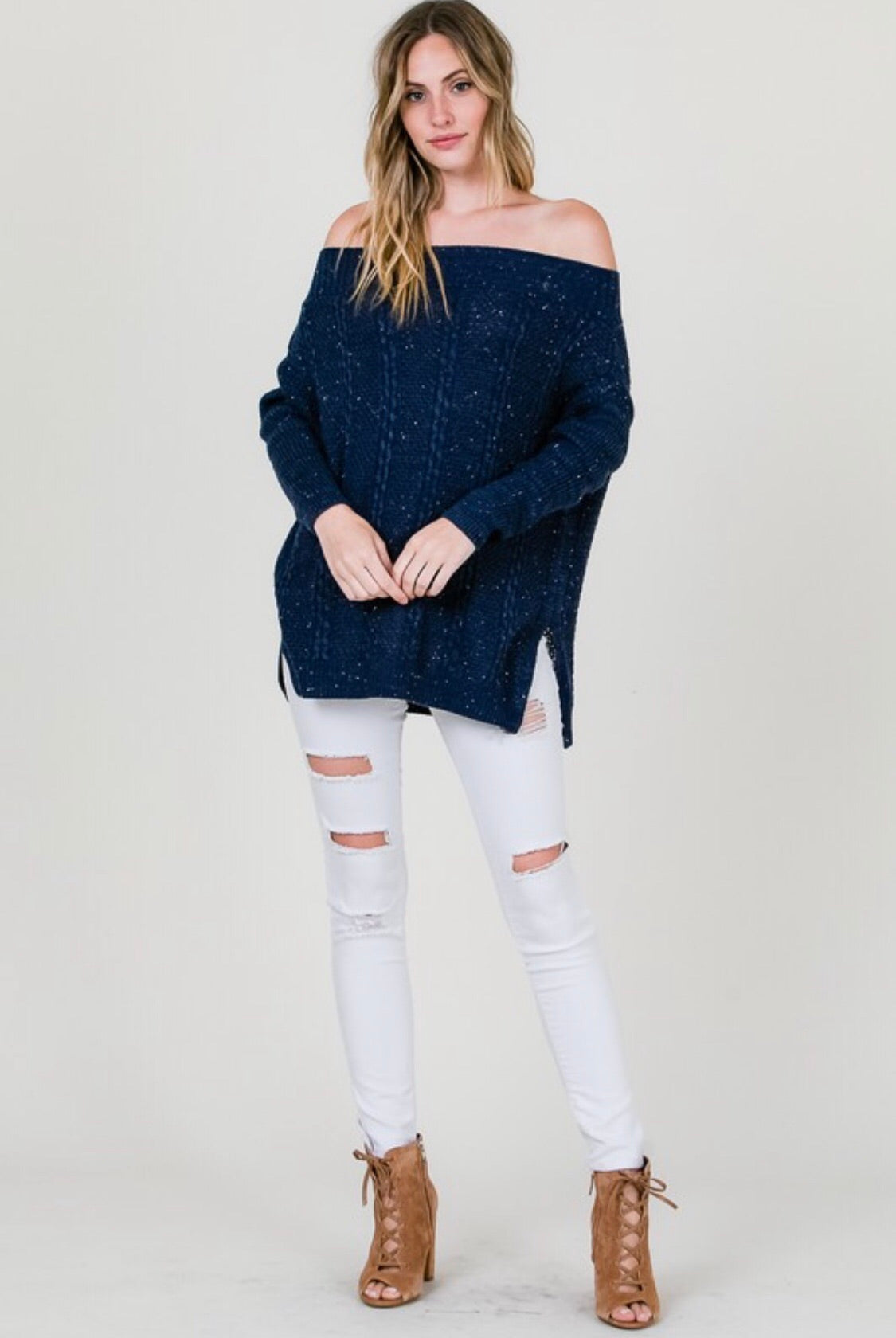 Navy Cable Knit Off Shoulder Sweater