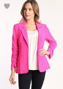 Neon Pink Shirred Sleeve Blazer