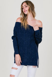 Navy Cable Knit Off Shoulder Sweater