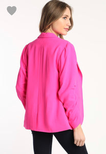 Neon Pink Shirred Sleeve Blazer