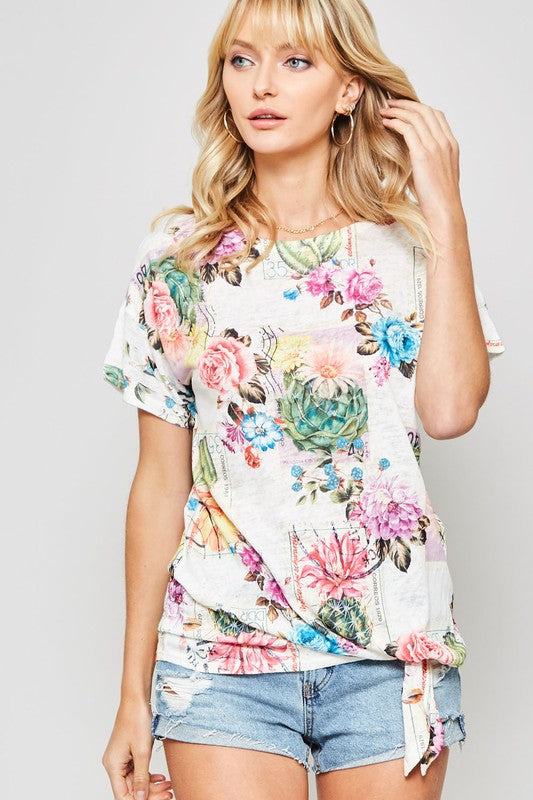 Floral Graphic Front Tie Tee