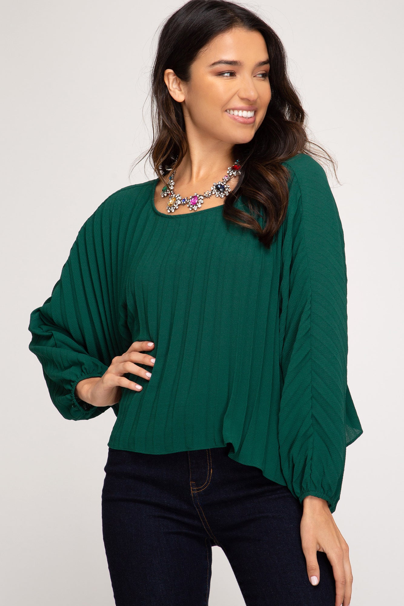 LONG BATWING SLEEVE PLEATED WOVEN TOP WITH BACK TIE DETAIL