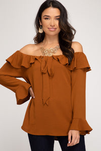 RUFFLED LONG SLEEVE OFF THE SHOULDER WOVEN TOP WITH FRONT TIE DETAIL